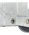 Close-up of stainless steel patio door rollers with aluminum build, designed for quiet sliding operation, DR 108 SP model.