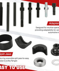 Components of 12 Piece Pulley Puller And Installer Kit For Power Steering Pulleys Alternators AC Pulleys Water Pumps And Vacuum Pumps With Pro Grade Carbon Steel Construction And Handy Storage Case For Your Auto Shop displayed.