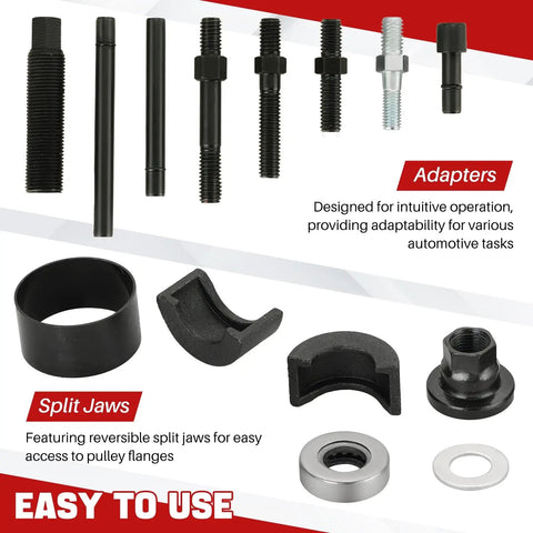 Components of 12 Piece Pulley Puller And Installer Kit For Power Steering Pulleys Alternators AC Pulleys Water Pumps And Vacuum Pumps With Pro Grade Carbon Steel Construction And Handy Storage Case For Your Auto Shop displayed.