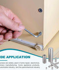 Person installing 120 PC M4-0.7 X 5mm Grub Screws in 304 Stainless Steel Cup Point Allen Head in furniture using hex key.