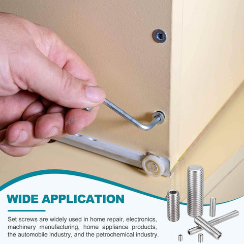 Person installing 120 PC M4-0.7 X 5mm Grub Screws in 304 Stainless Steel Cup Point Allen Head in furniture using hex key.