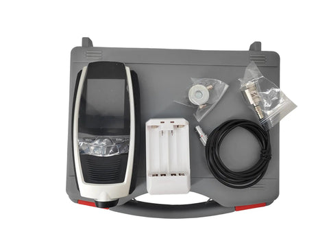 Heavy Duty Portable Vibration Analyzer Meter With Sick Precision And Kickass Build Quality For Measuring Acceleration Velocity Displacement On Industrial Machinery kit on a gray case with various accessories.