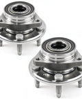 2 Pack Beefed Up Front And Rear Wheel Bearing And Hub Assembly For 2008 To 2019 Cadillac CTS 2010 To 2015 Chevy Camaro And 2018 To 2019 Impala 5 Lug With Encoder ABS Replacement Kit, showing both assemblies standing upright with visible bolts and encoders.