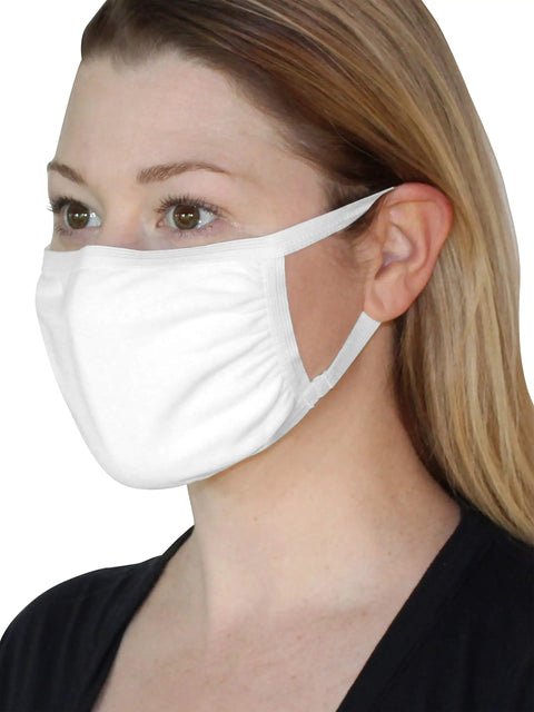 Person wearing Reusable Cotton Face Mask Pack Of 50 White Unisex One Size Fits Most 3 Ply With Silver Threads Washable Non Medical Grade