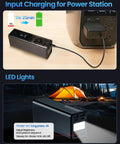 All In One Drone Power Station With 27000mAh Battery And 100W Fast Charging Hub shown charging with LED lights by a tent