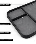 Slick Two Tone PU Leather Catchall Tray Hella Organized Entryway And Living Room Table Organizer For Keys Wallet Watch Jewelry Coins Black Frame Daily Essential close-up showing two-color design and delicate stitching.
