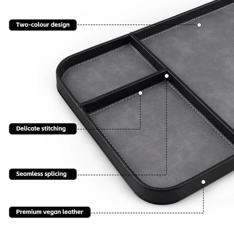 Slick Two Tone PU Leather Catchall Tray Hella Organized Entryway And Living Room Table Organizer For Keys Wallet Watch Jewelry Coins Black Frame Daily Essential close-up showing two-color design and delicate stitching.