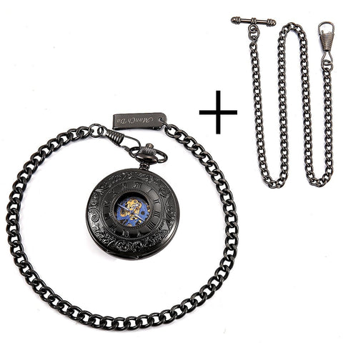 Mechanical Skeleton Pocket Watch With Roman Numerals Dial, Double Cover, Half Hunter, Box And Chain, Old School Vibe For Men And Women In Black Blue Gift Ready