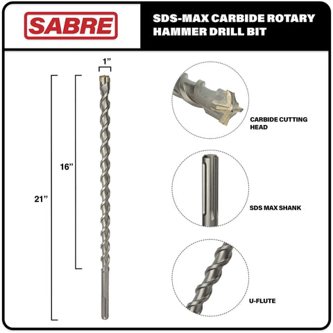 Sabre Tools SDS-Max rotary hammer drill bit, 1 in x 21 in, carbide-tipped with U-flute.