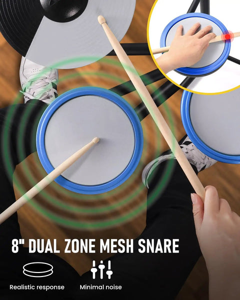 Beginner Electric Drum Set Kit With 180 Dope Sounds showing 8-inch dual zone mesh snare and drumsticks in use.