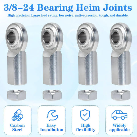 Three Eighths Inch Rod End Bearings Heim Joints Set Of Four With Right Hand Female Thread And Bore Three Eighths Self Aligning High Load Capacity Low Noise Corrosion And Wear Resistant Lock Nut Bushing Assembly For Heavy Duty Linkages. 3/8-24 carbon steel set with nuts