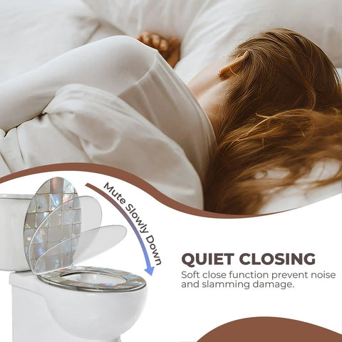 Round Resin Toilet Seat for Bathroom showcasing soft close feature to prevent noise, fitted on a white toilet.