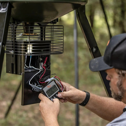 Installation of Six Volt Replacement Feeder Motor For Game Feeders, Built Tough For Rugged Outdoor Use, shows wiring and setup.