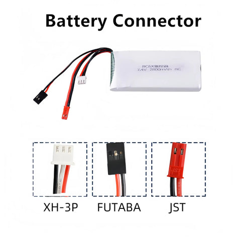 7.4V 2800mAh LiPo Battery 8C Rechargeable with connectors for Radiolink RC8X 8CH RC Transmitter showcasing XH-3P, FUTABA, JST plugs