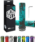 Dual Color Lock On MTB Grips For Mountain Bike BMX And E Bike Non Slip Shock Absorbing Grips For 22.2mm Bars 8 Color Options Including Sky Blue Built For Comfort And All Terrain Riding, showing packaging, grip and hex key.