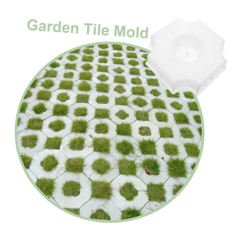 Medium Hole Tiles Concrete Mold For Stepping Stones, Reusable DIY Garden Path And Patio Paver Maker shown with molded grass tiles.
