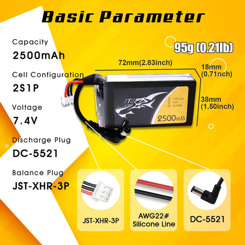 7.4V 2500mAh 2S LiPo Battery Pack For Fat Shark Goggles With DC5.5mm Plug And LED Power Indicator, specs and plugs visible