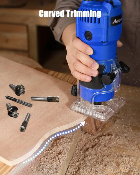 630W Compact Wood Router With Fixed Base And Beast Mode 35000 Rpm Motor trimming curved wood with router bits and dust.