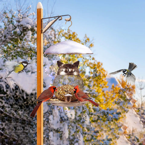 Squirrel Proof Metal Cat Shaped Bird Feeder for Outdoor Garden Yard with snow-covered setting and visiting birds.