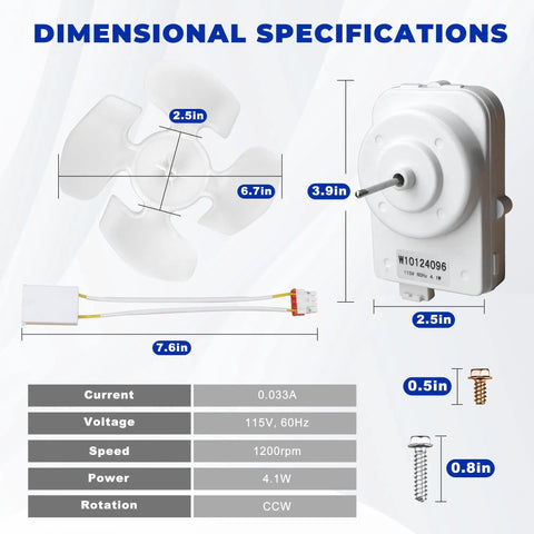 Dimensional specifications of Condenser Fan Motor Kit For Refrigerator Replacement With Motor, Blade, Harness And Hardware