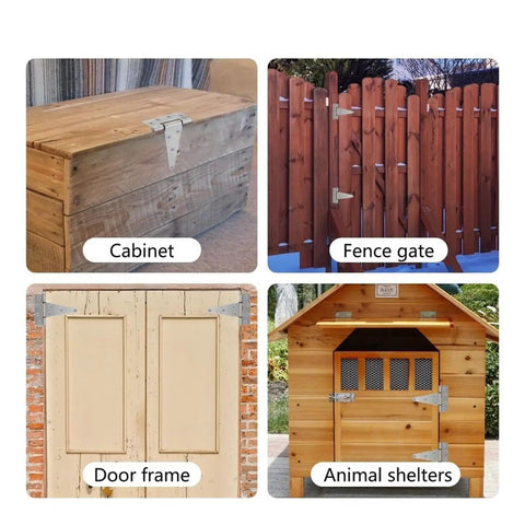 Heavy Duty Six Inch Stainless Steel Gate Hinges Tough As Nails Rust Resistant Tee Hinge for outdoor wooden barn gates, shown on various applications.