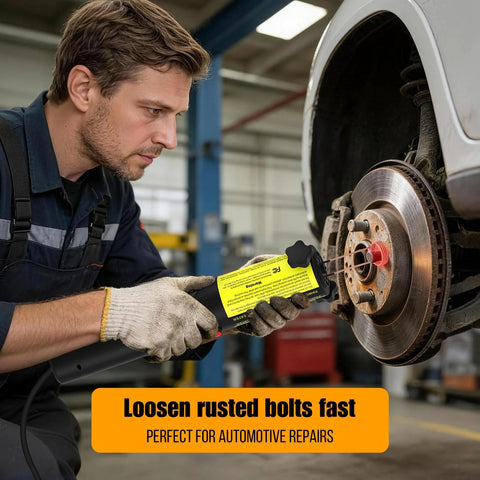 Side view of a yellow handheld induction heater used to loosen rusty bolts on a car brake rotor.