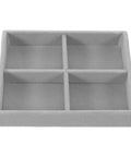 Velvet Jewelry Organizer Tray With Four Grid Compartments Stackable Minimalist gray velvet tray top view with four compartments.