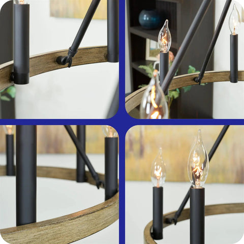 Close-up details of the Rustic Farmhouse Wagon Wheel Chandelier With 8 Lights Large Round Kitchen Island Light In Smoked Birch Finish