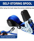 Close-up of blue Heavy Duty Ratchet Strap With Safety Lock And Chromoly S Hooks 1500 Lbs Break Strength, featuring self-storing spool and roller spool detail
