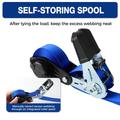 Close-up of blue Heavy Duty Ratchet Strap With Safety Lock And Chromoly S Hooks 1500 Lbs Break Strength, featuring self-storing spool and roller spool detail