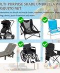 All In One Beach Umbrella With Mosquito Net For Chairs, Strollers, And Camping, includes various seating options for attachment.