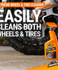 All in One Eight Piece Car Care Kit With Extreme Tire Shine And Ultra Shine Wash And Wax Glass Cleaner Multi Purpose Cleaner Extreme Wheel And Tire Cleaner Protectant Wash Pad And Tranquil Skies Air Freshener For A Fresh Ride, featuring Extreme Wheel & Tire Cleaner bottle next to a clean wheel.