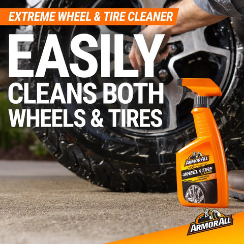 All in One Eight Piece Car Care Kit With Extreme Tire Shine And Ultra Shine Wash And Wax Glass Cleaner Multi Purpose Cleaner Extreme Wheel And Tire Cleaner Protectant Wash Pad And Tranquil Skies Air Freshener For A Fresh Ride, featuring Extreme Wheel & Tire Cleaner bottle next to a clean wheel.