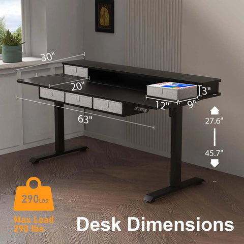 Xin Yao 63 Inch Electric Standing Desk With Five Drawers Ergonomic Height Adjustable Sit Stand Computer Workstation Table showing dimensions and storage.