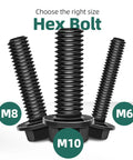 10 Pack M8 X 20 MM Black Zinc Flanged Hex Head Bolts With Nuts And Washers Grade 10.9 Steel Full Thread Fastener Kit displayed in different sizes.