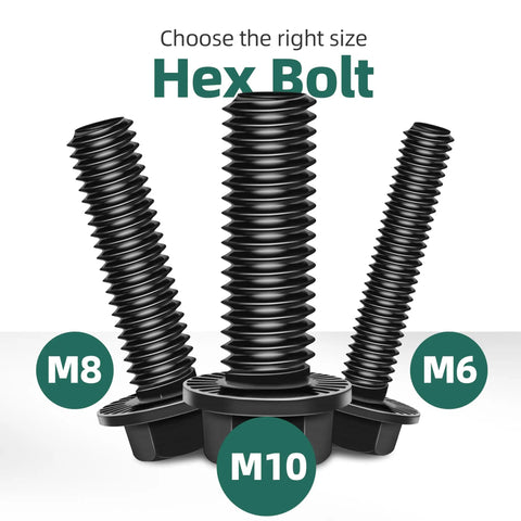 10 Pack M8 X 20 MM Black Zinc Flanged Hex Head Bolts With Nuts And Washers Grade 10.9 Steel Full Thread Fastener Kit displayed in different sizes.