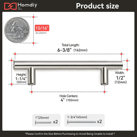 Diagram showing Brushed Nickel Cabinet Pulls 50 Pack Stainless Steel Drawer Handles Easy Install 4 Inch Center To Center