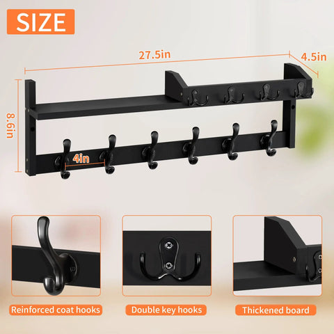 Sturdy Dope 4 In 1 Wood Coat Rack Wall Mount With Shelf 27.5 Inch Entryway Storage Organizer showing dimensions and hooks.