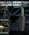Person wearing Beast Fixed Blade Knife With D2 Steel Blade And Toothed Spine For Outdoors on belt vertically and horizontally