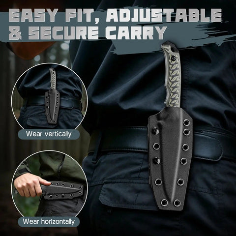 Person wearing Beast Fixed Blade Knife With D2 Steel Blade And Toothed Spine For Outdoors on belt vertically and horizontally
