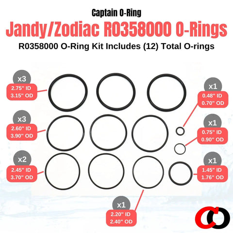 12 O Ring Kit R0358000 For Jandy Zodiac Pool And Spa Filters includes 12 various-sized O-rings labeled with dimensions.
