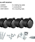 Two Inch Caster Wheels Set Of Four With Five Sixteenth Inch Valve Stem And Rotating Top Plate Installation Options Heavy Duty Casters with screws, screwdriver, and mounting hardware.