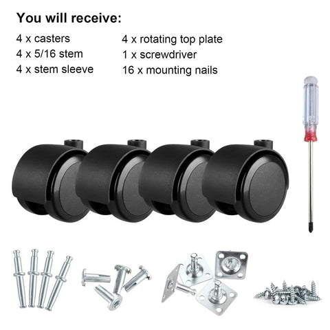 Two Inch Caster Wheels Set Of Four With Five Sixteenth Inch Valve Stem And Rotating Top Plate Installation Options Heavy Duty Casters with screws, screwdriver, and mounting hardware.