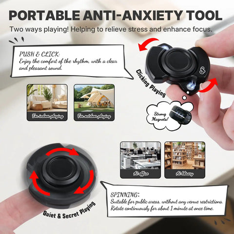 5 Pcs Fidget Toys Set For Adults With Magnetic Slider, Clicker, Spinner, Infinite Flipper displayed with usage suggestions.
