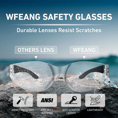 Clear ANSI Z87.1 Safety Glasses For Men And Women featuring impact-resistant, scratch-resistant dual lenses, showcased on rocks.