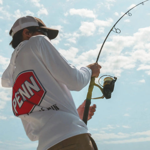 Angler using Battle Spinning Reel and Fishing Rod Combo Kit with Spare Spool and Reel Cover for Saltwater Fishing, 6000 Size, 9 Foot, Medium Heavy, 2 Piece Rod and Reel Set designed for all day big game fish.