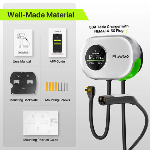 Beast Mode Level 2 EV Charger with display, mounting accessories, NEMA 14-50 plug, for Tesla and All EVs, 50A 240V