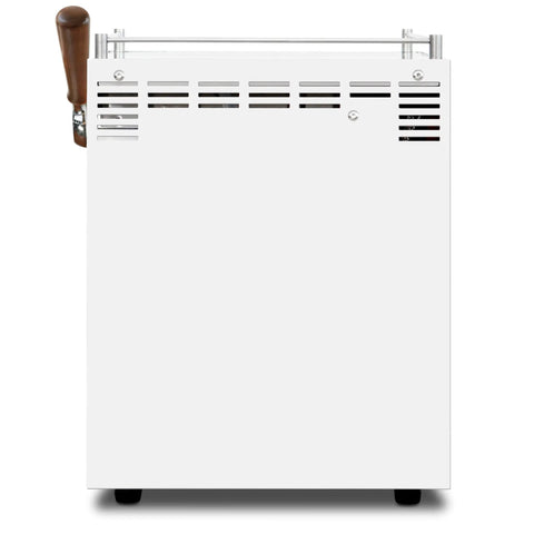 Side view of Dual Thermoblock Espresso Machine With PID Programmable Volumetric Control Walnut Joystick Steam Wand And Precision Shower Screen 120V White Finish For Pro Style Home Barista Boss