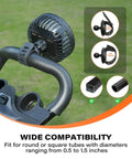 Rechargeable Golf Cart Clip On Fan attached to golf cart bar, 360 degree rotating, compatible with 0.5 to 1.5-inch diameters.