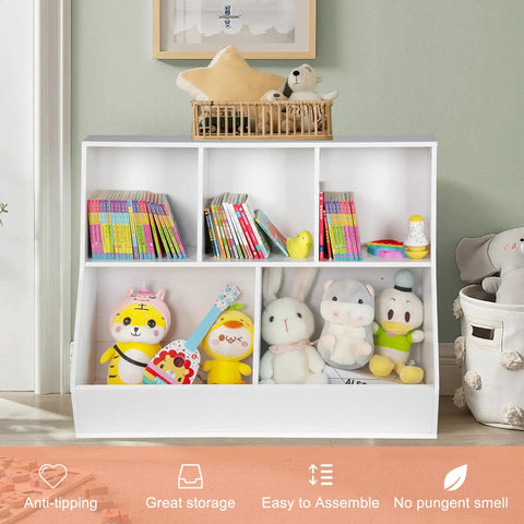 Totally Kid Approved Bookshelf And Storage Organizer For Playroom With Open Wooden Bookcase Shelves Toy Cabinet Featuring Smooth Rounded Edges And Super Sturdy White Finish